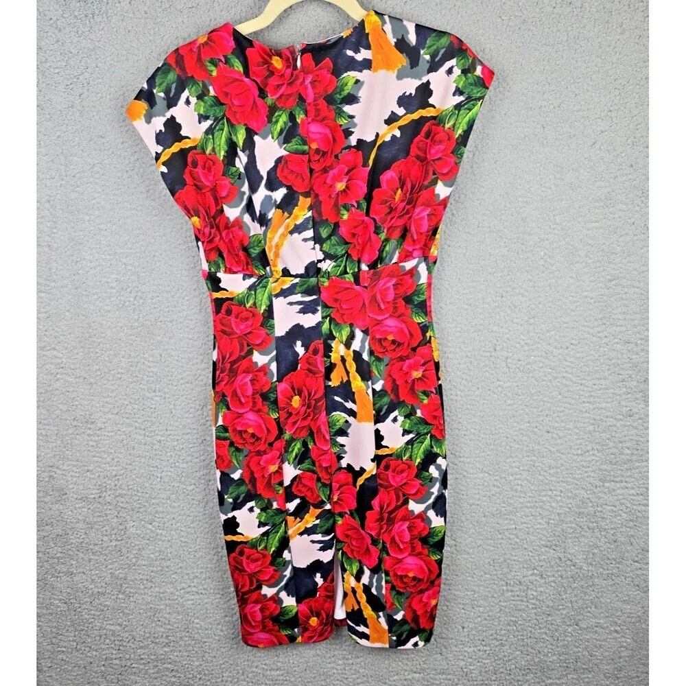 Floral Dress Women 2 Red Bodycon Deep V Sexy Colorful  Siren Cap Sleeves Stretch
